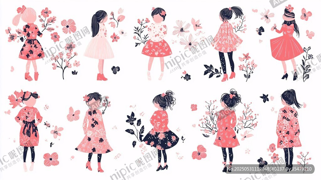 可愛(ài)少女與花卉插畫(huà)圖案