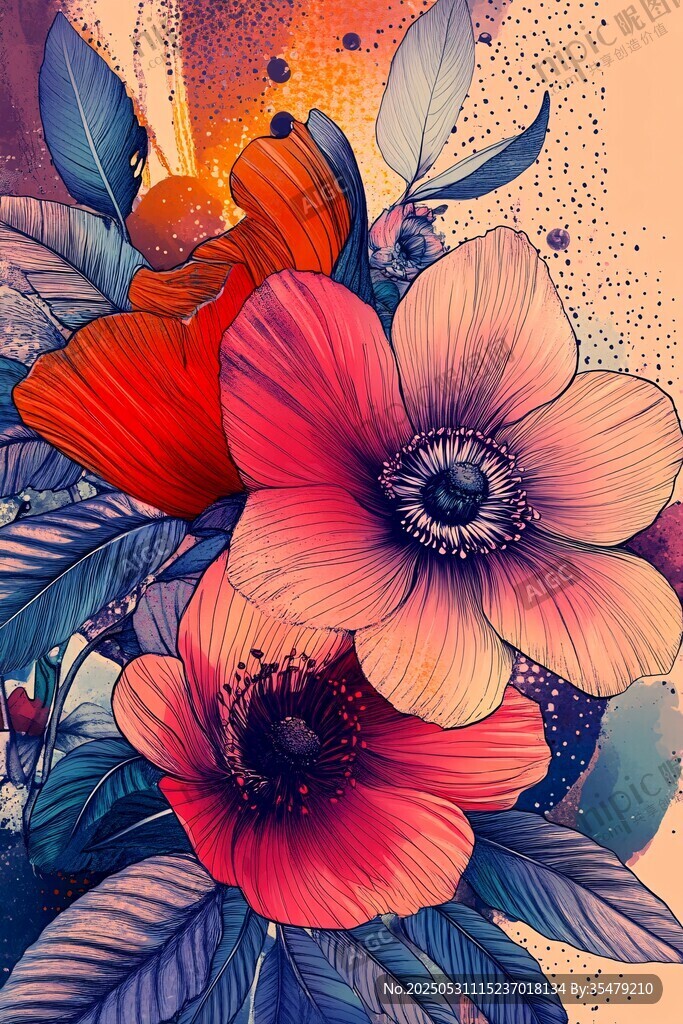 夢(mèng)幻多彩花卉插畫