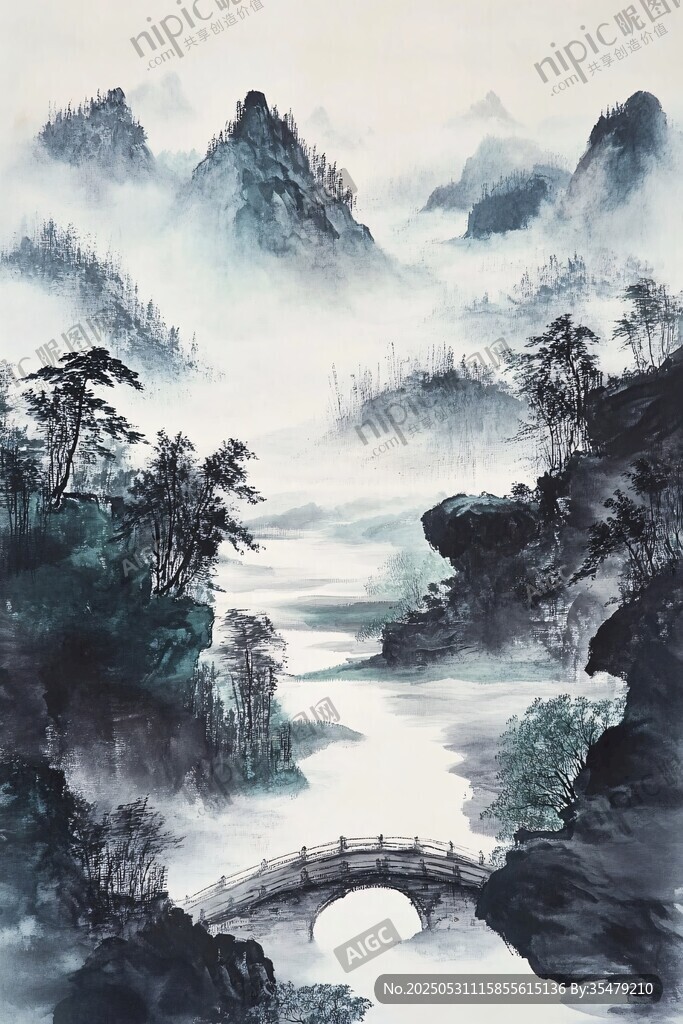 水墨山水間的古韻石橋