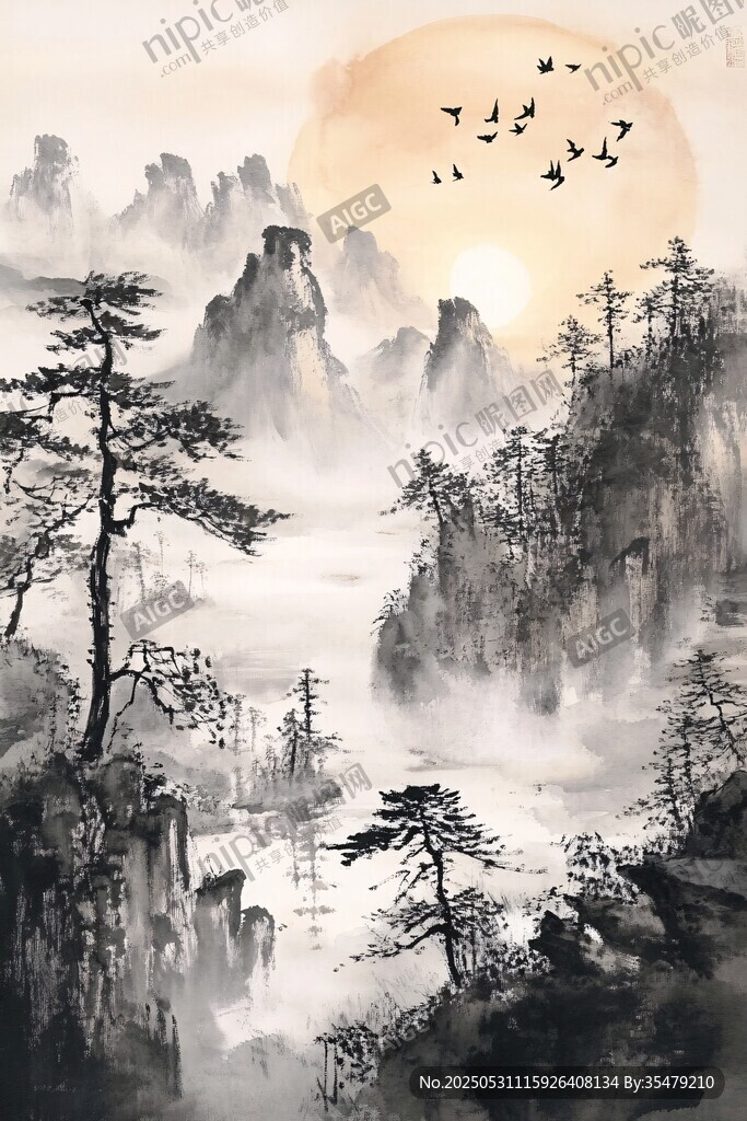水墨山水間飛鳥伴日景