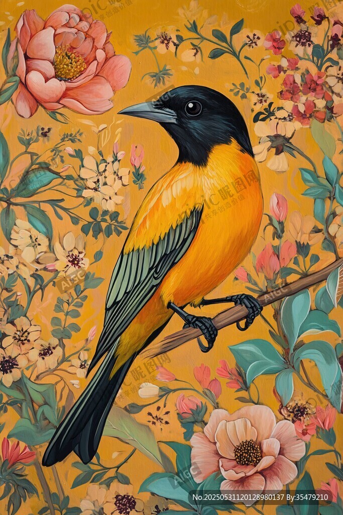棲于繁花間的美麗黃黑鳥