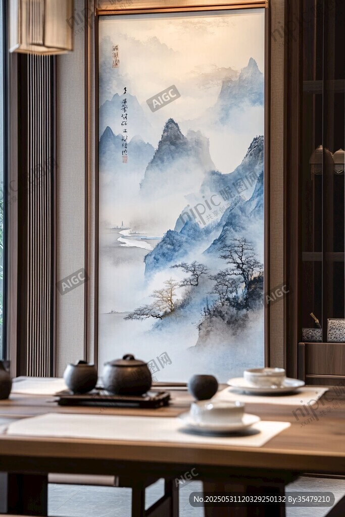 中式茶室山水掛畫意境美
