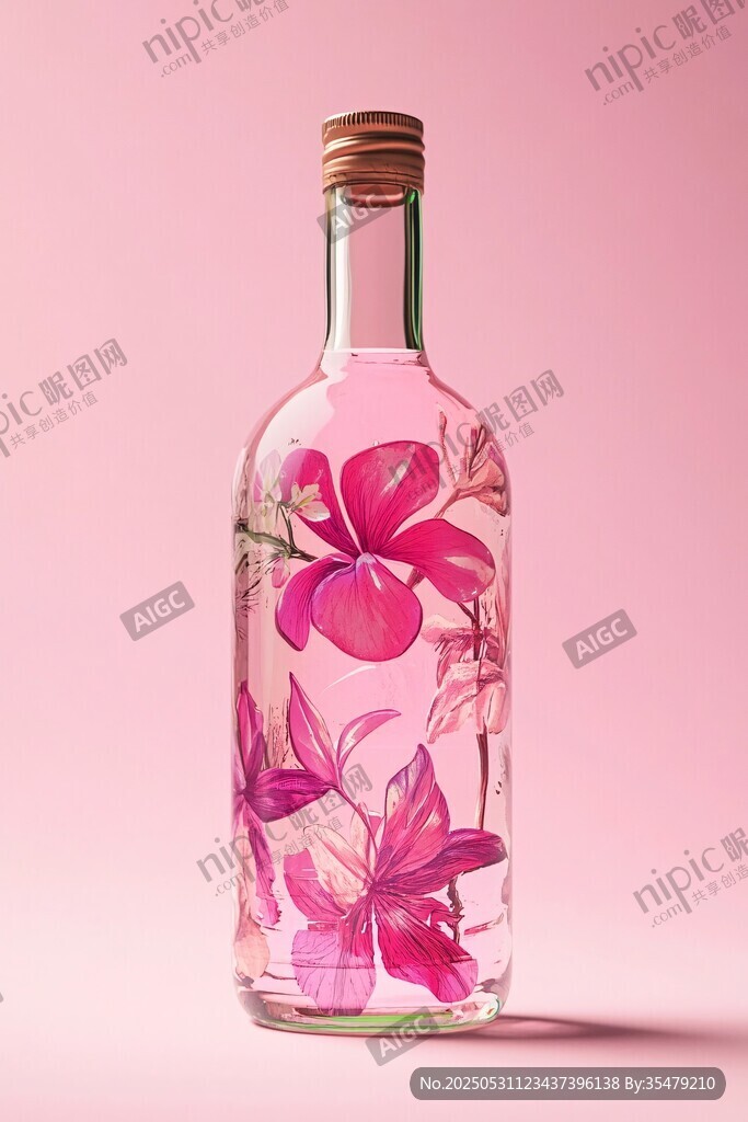粉色花卉玻璃瓶中的夢幻液體