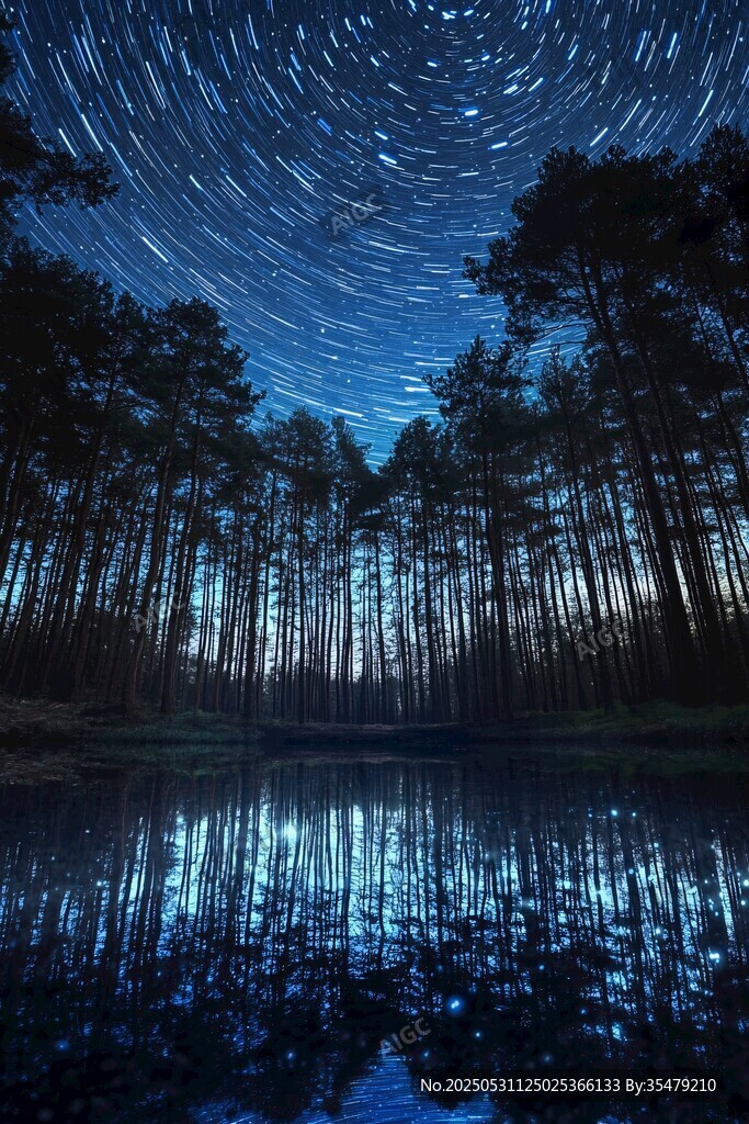 森林湖畔星軌夢幻夜景