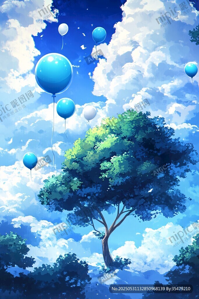 夢幻天空下的氣球與綠樹