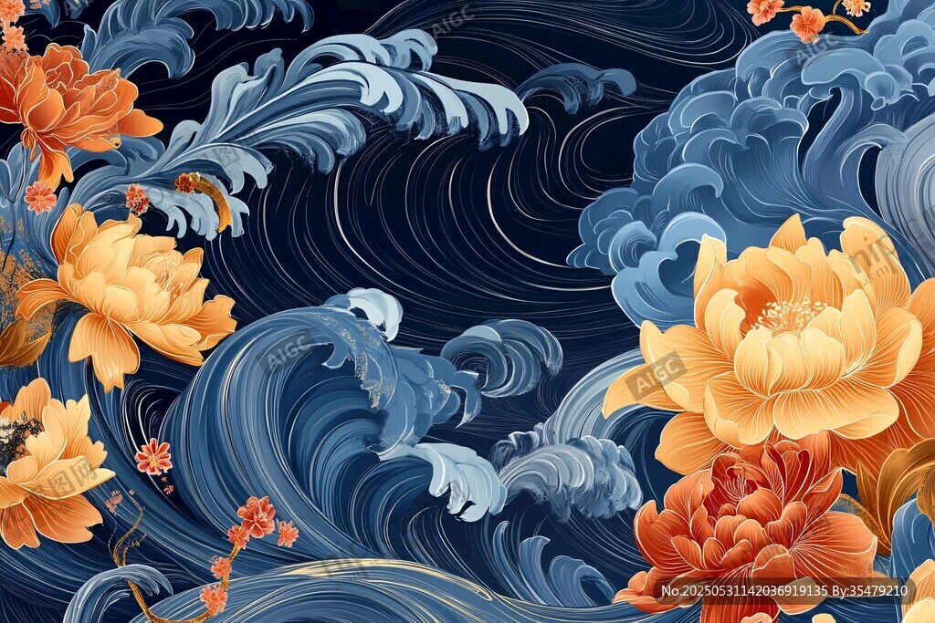 海浪牡丹國風圖案設計