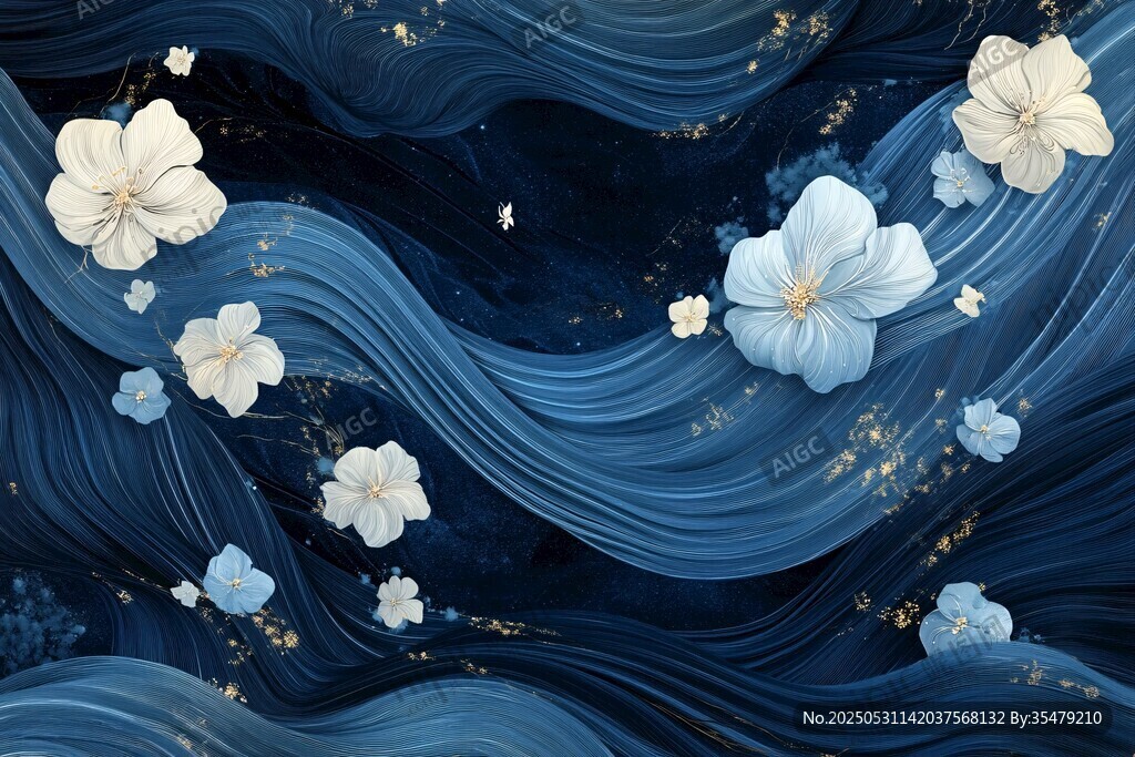藍調(diào)花卉波浪夢幻背景圖