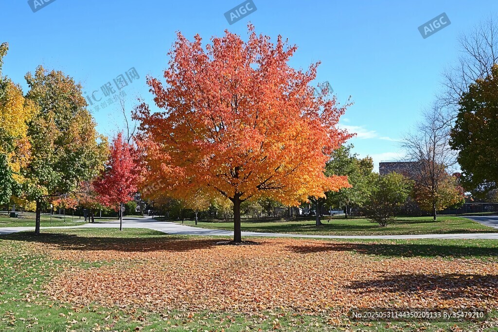 秋日公園的絢爛紅楓