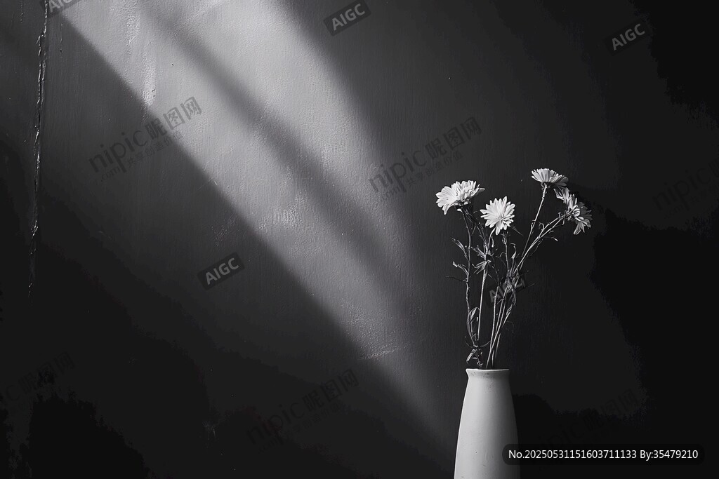 黑白光影中的素雅花瓶花