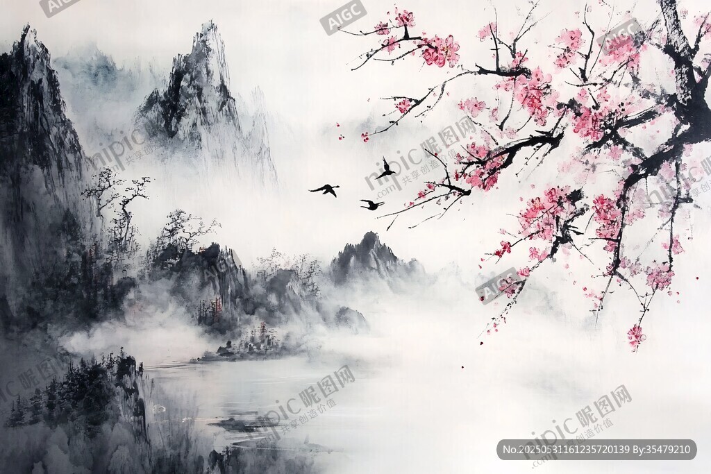 水墨山水間 紅梅飛鳥圖