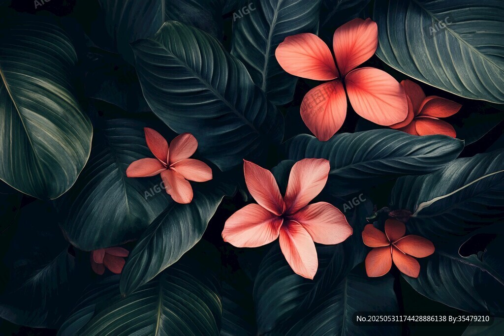 深紅花朵與墨綠葉片景致