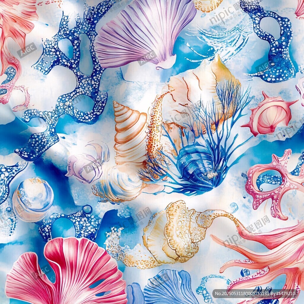 海洋生物貝殼水彩圖案
