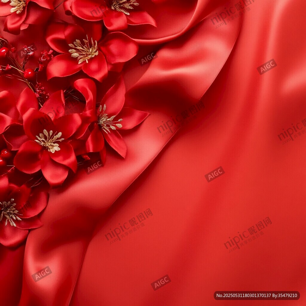紅綢上的嬌艷花卉