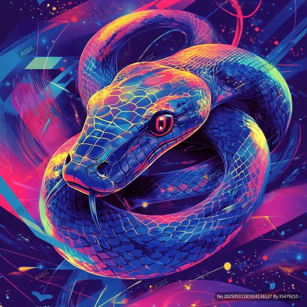 炫彩霓虹風盤繞蛇插畫