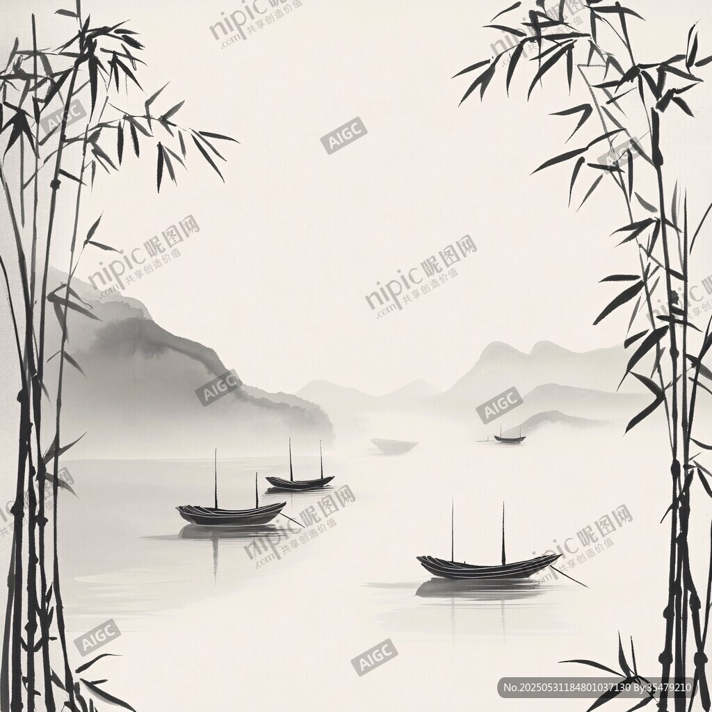 水墨竹影中的江上扁舟