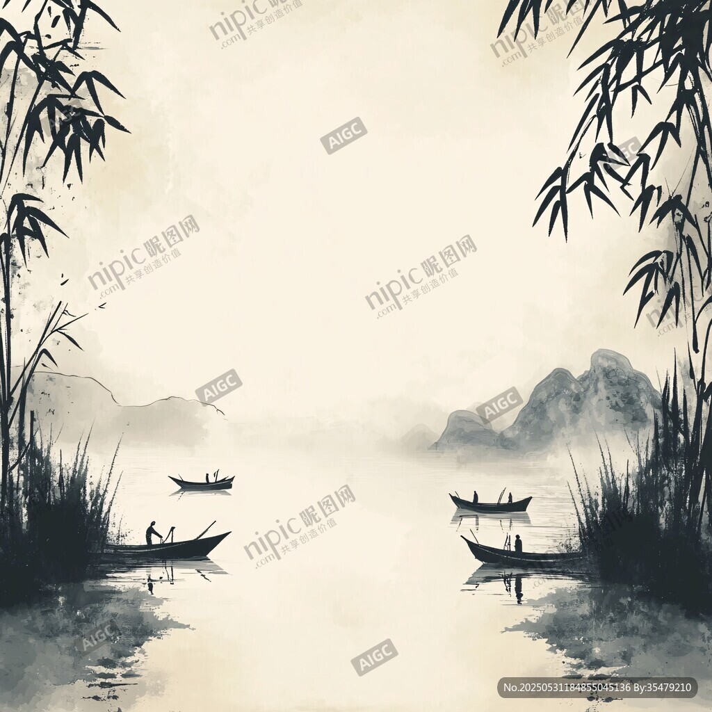 水墨江景中悠然的垂釣者