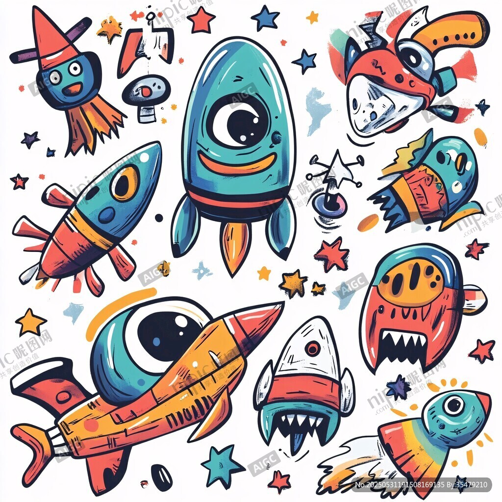 卡通風格的宇宙火箭與怪物