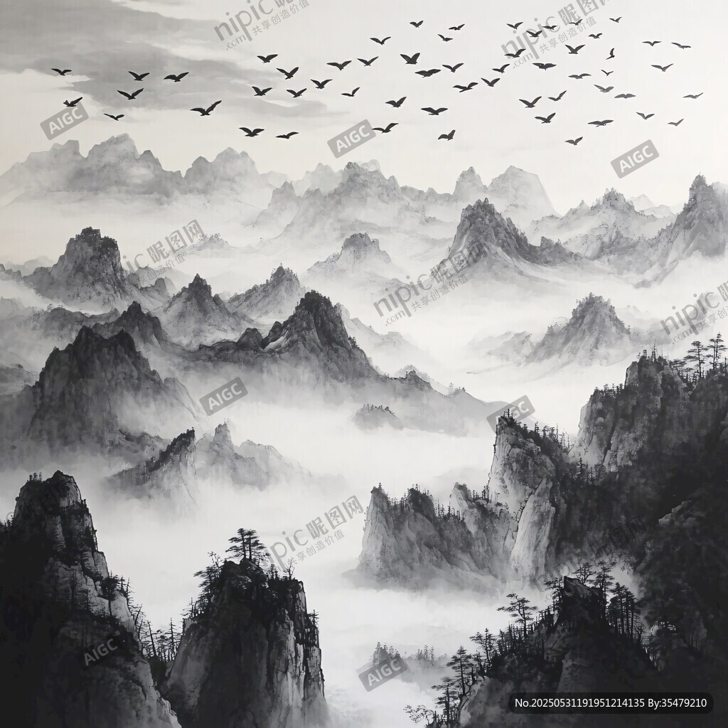 水墨群山飛鳥圖