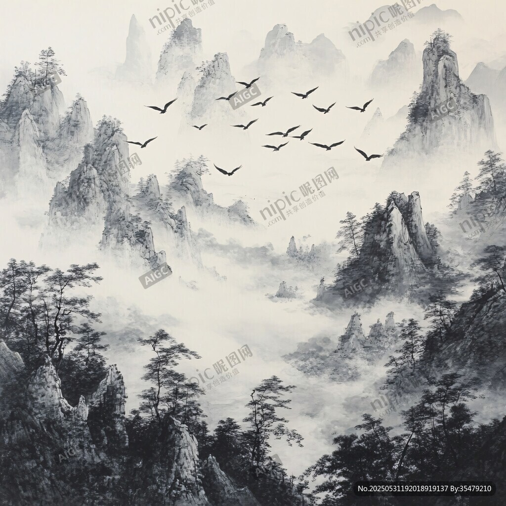 水墨山水間飛鳥翱翔圖景
