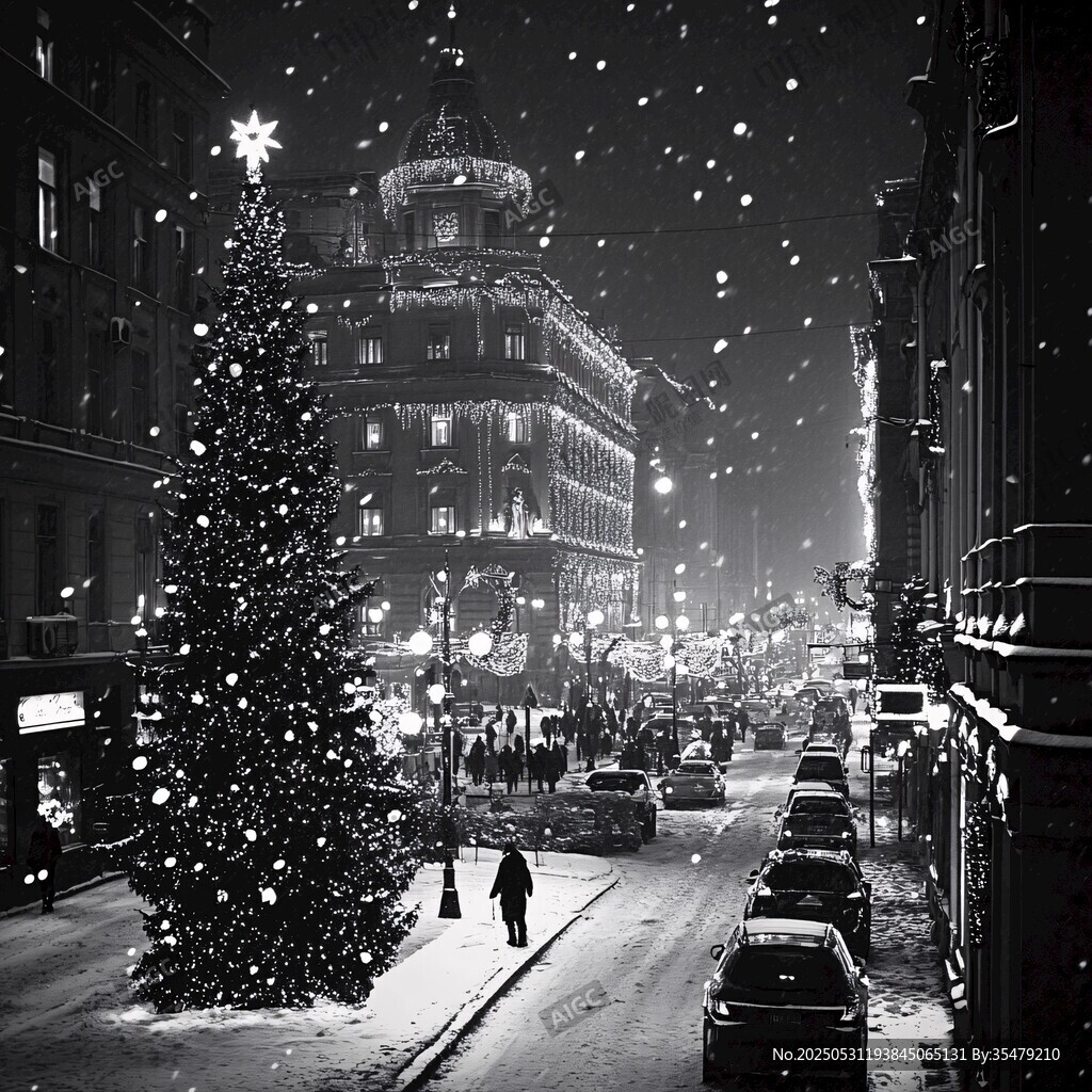 雪夜中的繁華圣誕街景