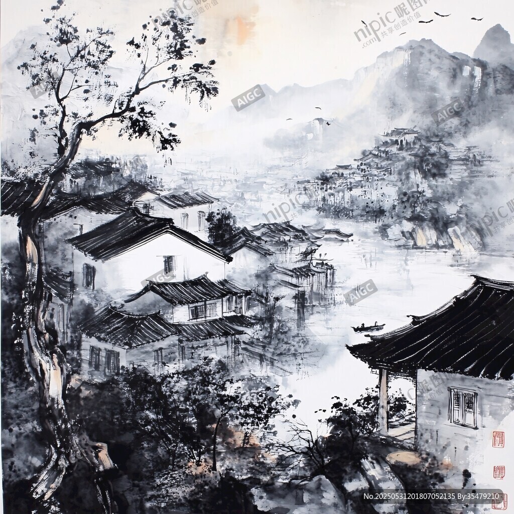 水墨江南村落山水畫卷