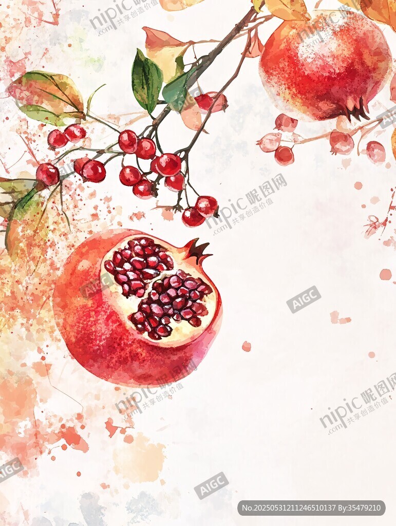 水彩繪石榴與紅果景致