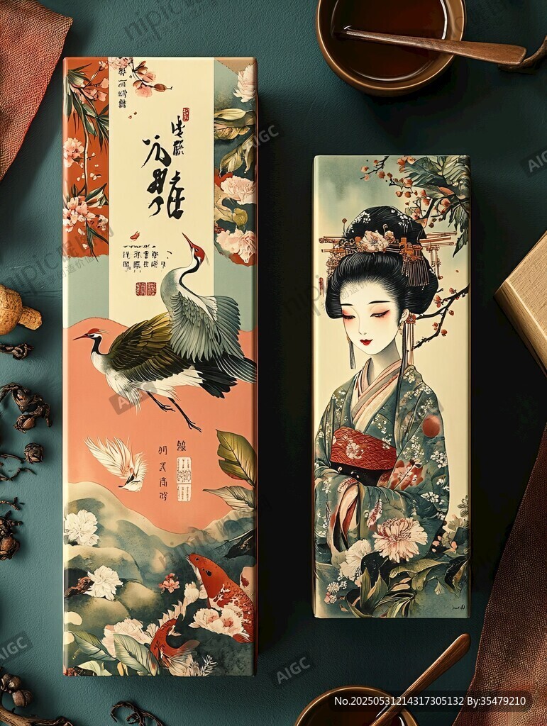 古風(fēng)日式美人與仙鶴畫卷