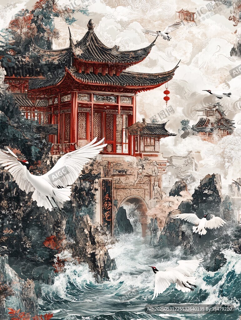 古風(fēng)中式樓閣飛鳥山水景