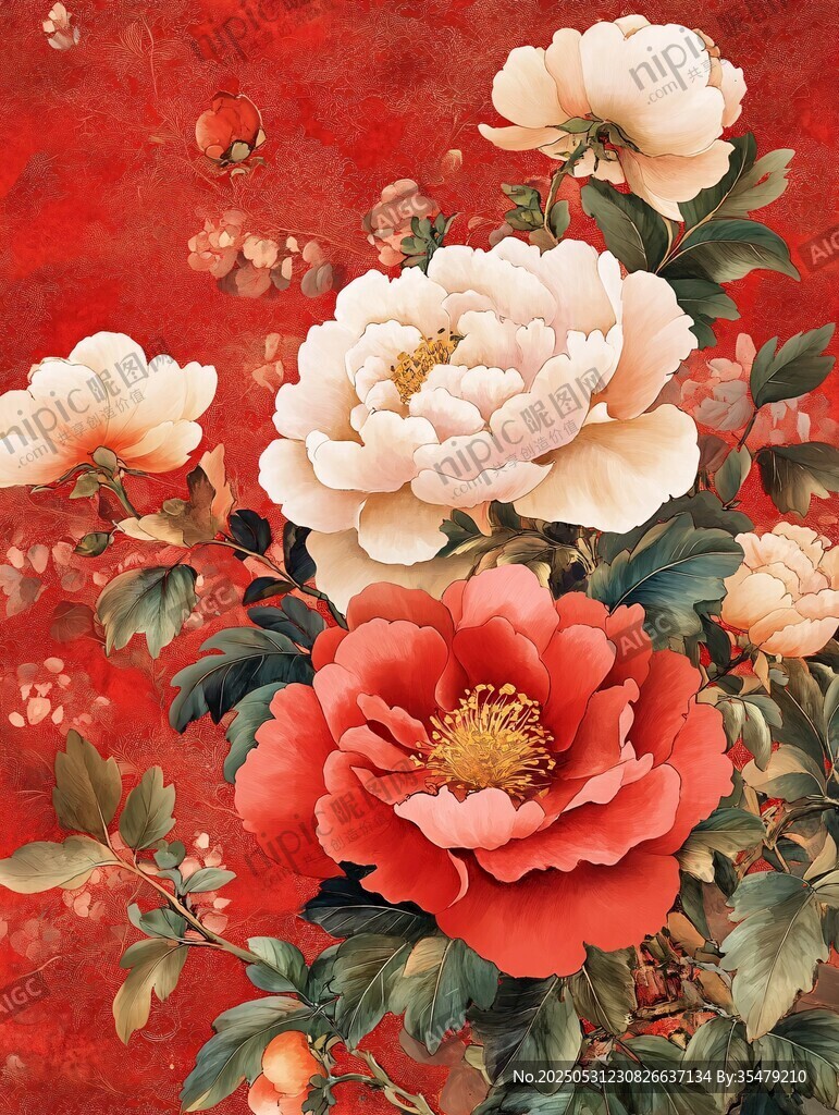 紅底牡丹花卉圖
