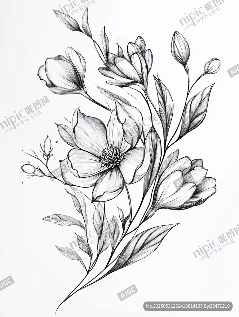 黑白花卉線條插畫