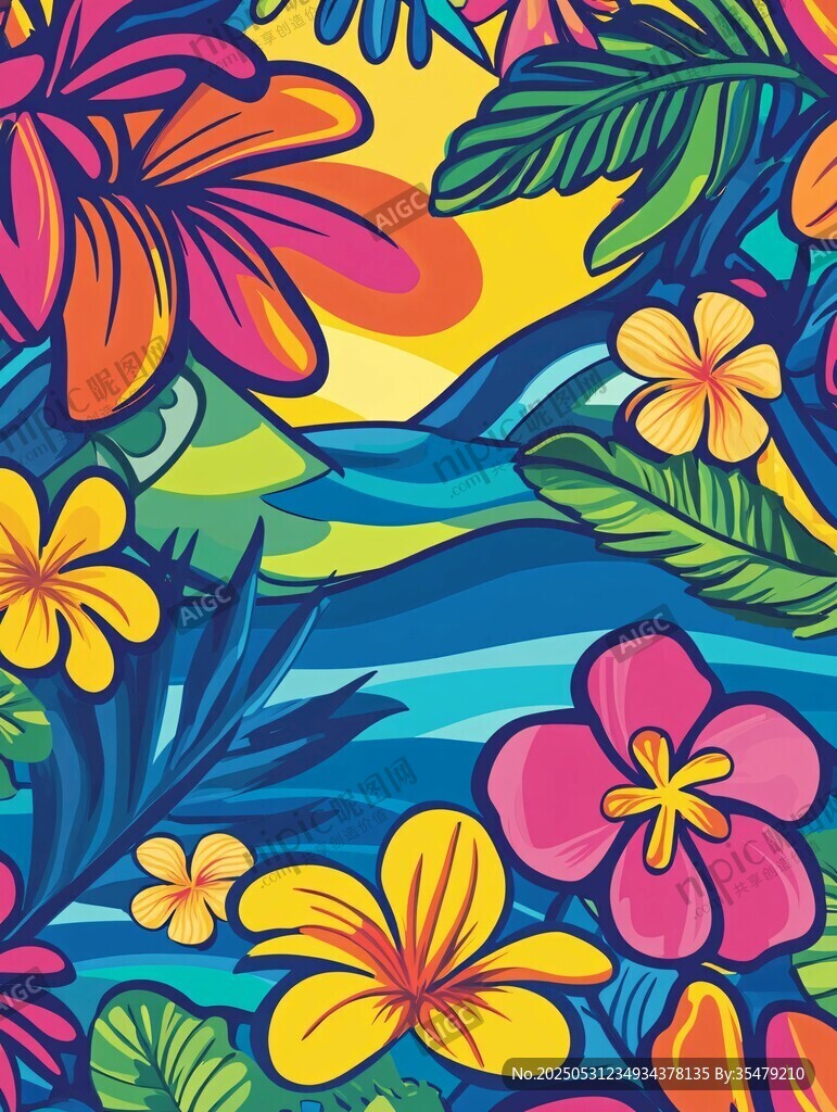 熱帶花卉海洋活力插畫