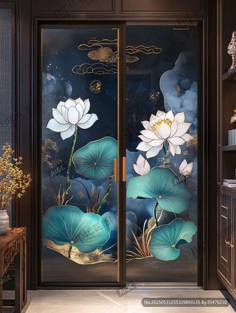 中式雙開荷花圖案藝術門