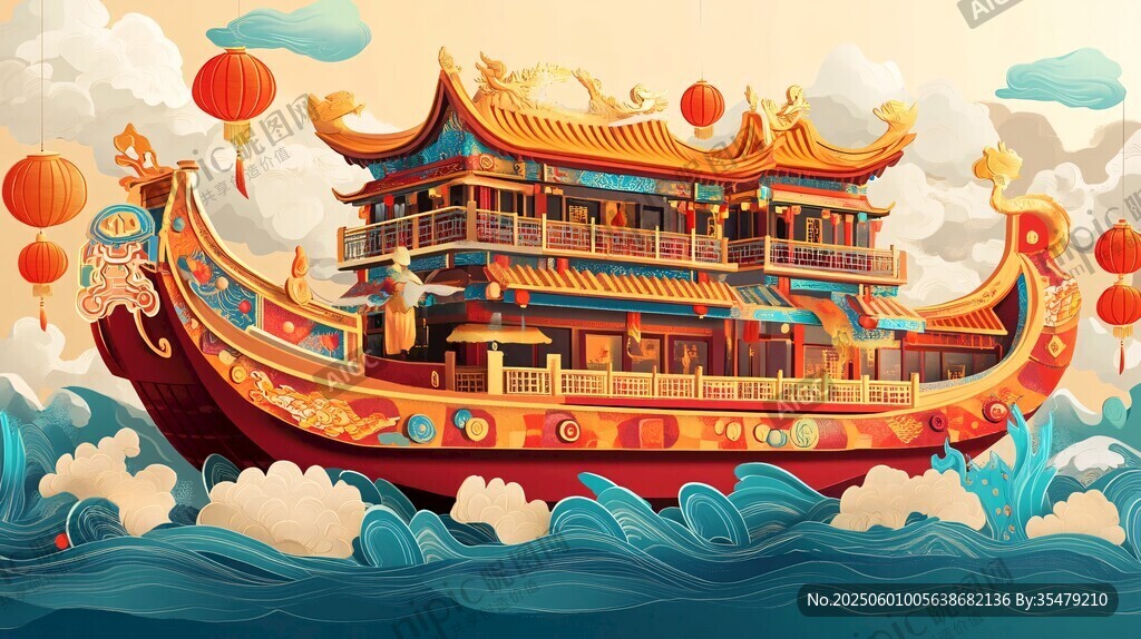中式龍船遨游祥瑞云海間