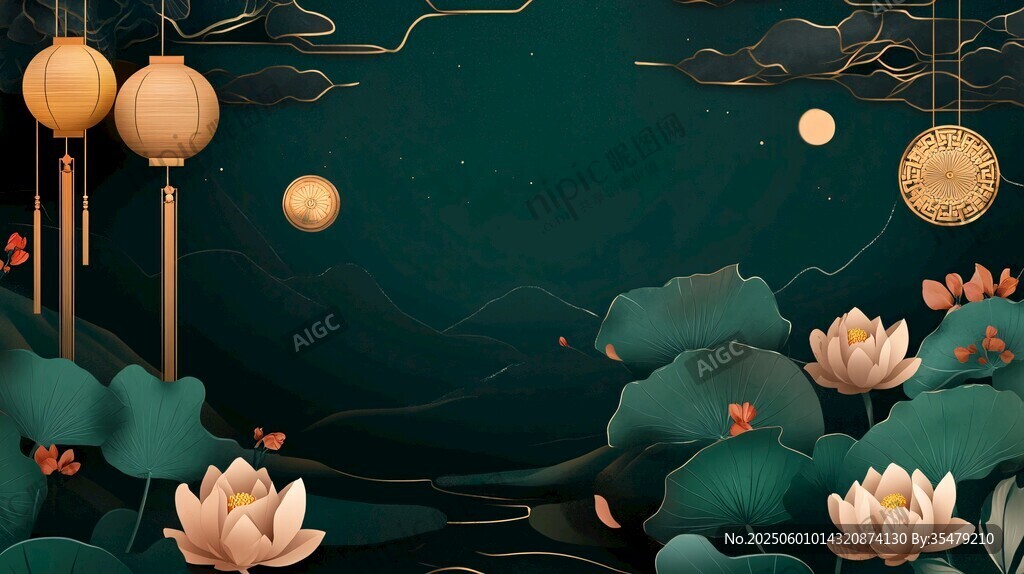 中式月夜荷塘燈籠美景