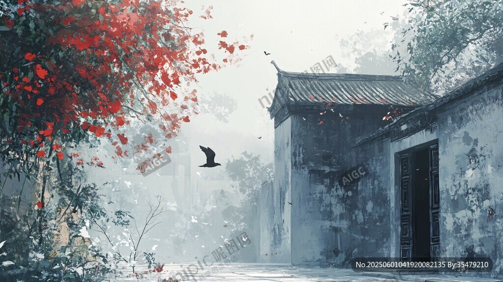古巷紅楓飛鳥詩意景致