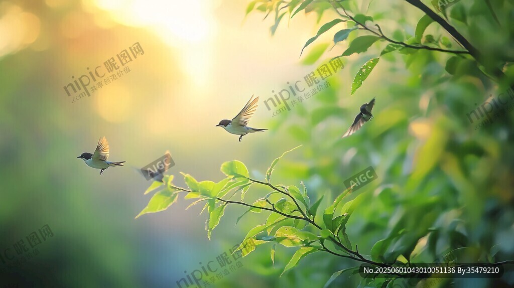 晨光中飛鳥棲于綠枝間
