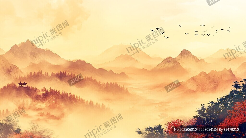 秋山晨霧飛鳥詩意景致