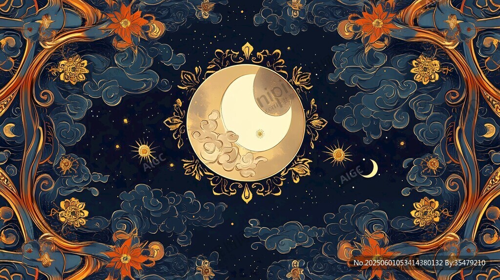 夢幻月夜花卉中式裝飾圖