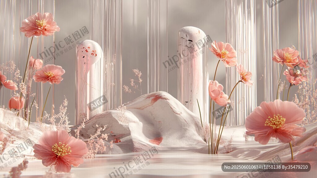 夢幻粉色花卉與奇異雕塑場景