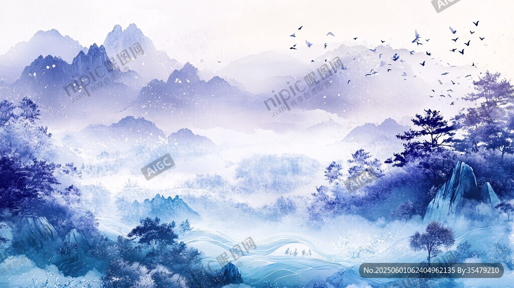 水墨群山飛鳥詩意畫卷