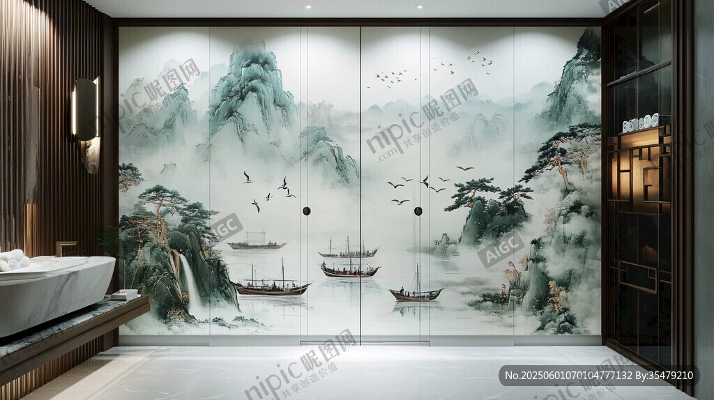 中式山水風(fēng)浴室背景墻