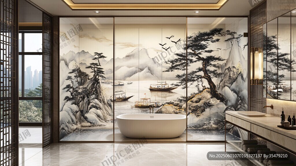 中式山水風豪華浴室空間