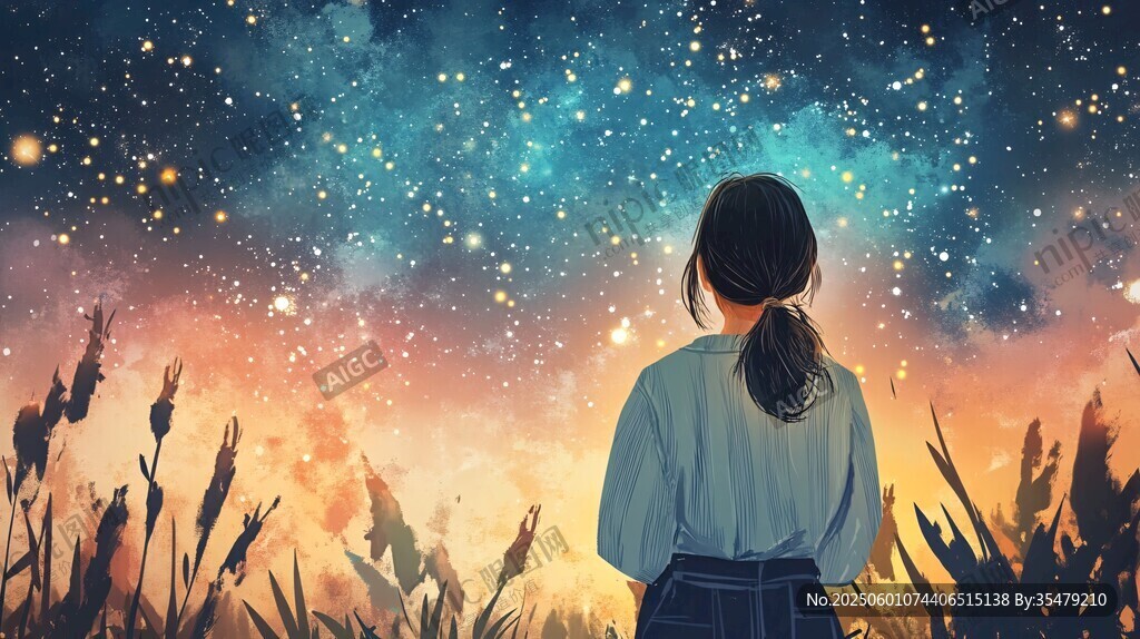 女孩凝望璀璨星空