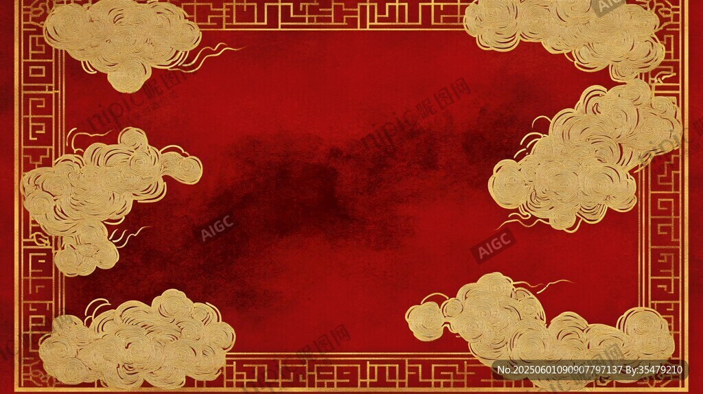 中式紅底祥云邊框背景圖