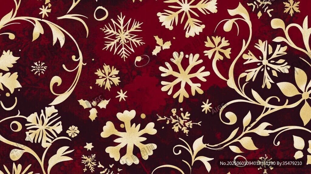深紅底金色雪花花卉圖案