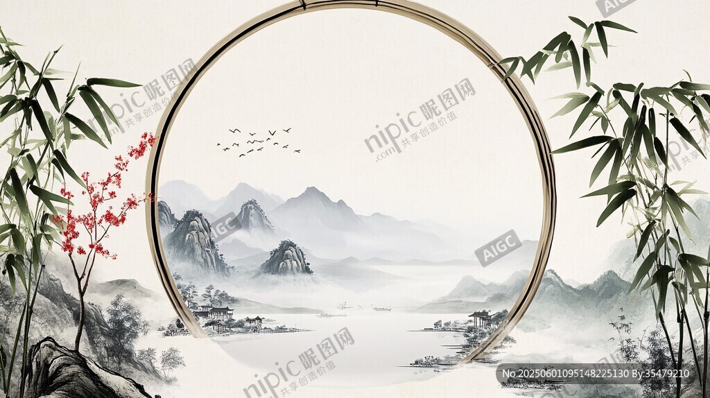 中式圓框山水竹景畫境