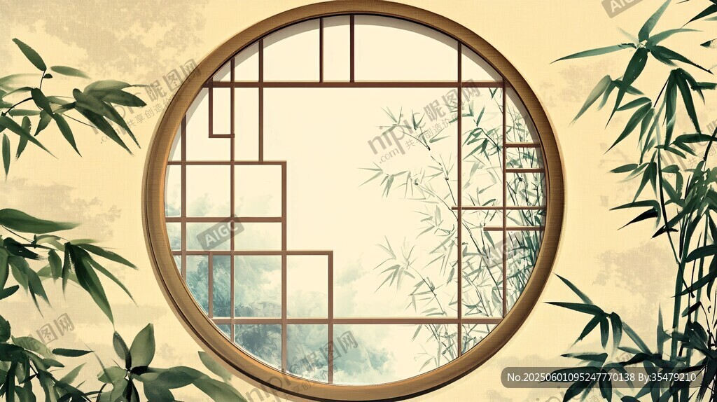 中式圓窗伴翠竹中式景