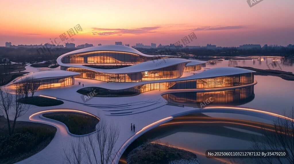 湖畔現代建筑的絕美黃昏