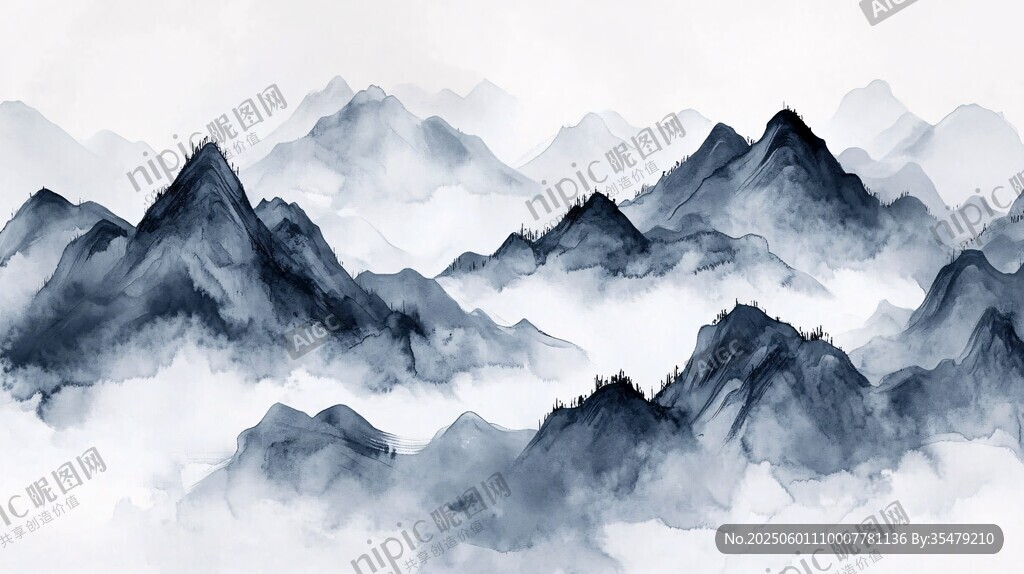 水墨群山云海意境圖