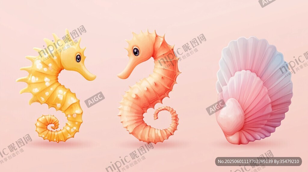 可愛海馬與貝殼插畫
